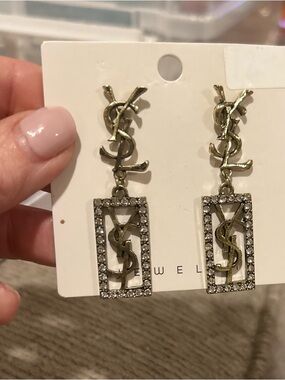 Fashion Jewelry Gold-tone Logo Drop Earrings with Clear Crystals